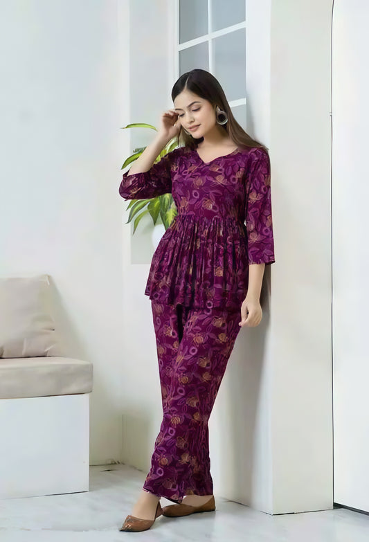 Comfy Graceful Wine Premium Rayon Women Printed Elegant Top Coord Set