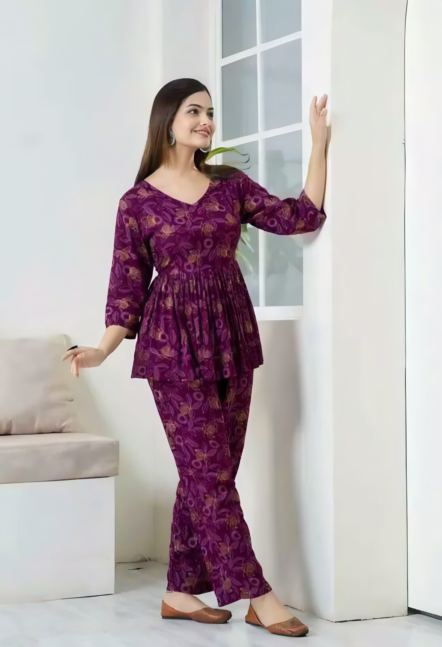 Comfy Graceful Wine Premium Rayon Women Printed Elegant Top Coord Set