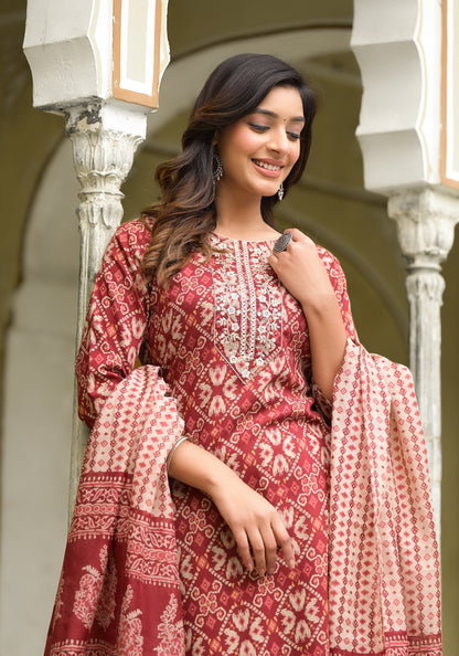 Women Embroidery Printed Straight Kurta and Pant set with Dupatta