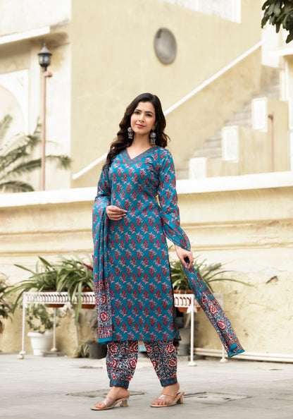 Women Floral Printed Straight Kurta And Afghani Pant Set With Dupatta