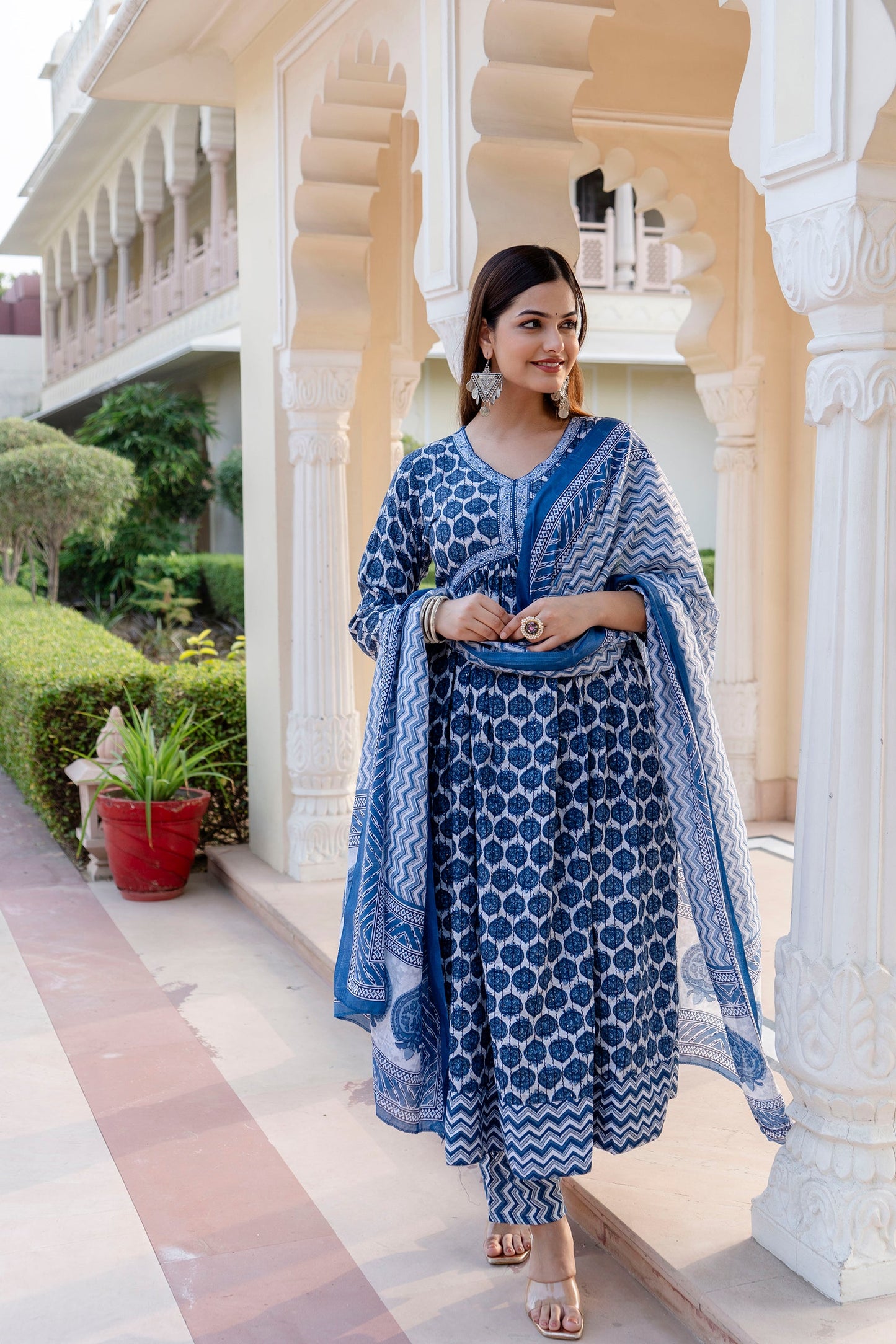 Blue Border Anarkali Kurta Pant with Dupatta