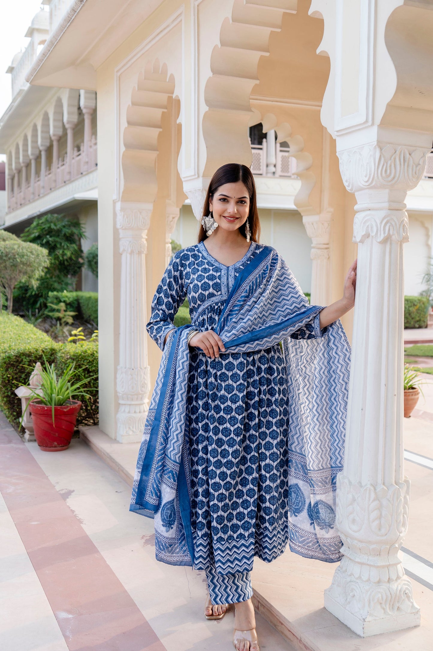 Blue Border Anarkali Kurta Pant with Dupatta